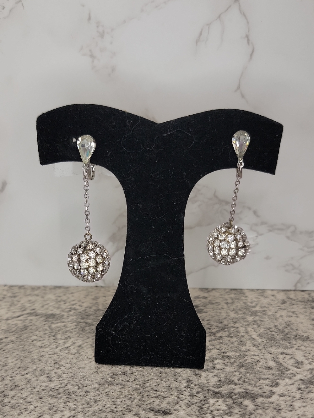 Vintage clip on rhinestone drop dangle disco ball earrings